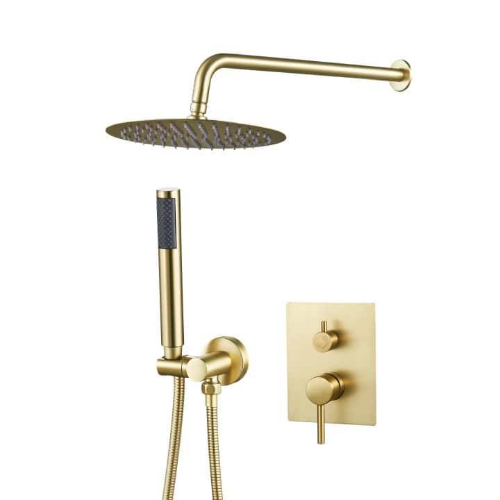Round Shower System Brushed Gold Brass Round Rainfall Shower Head RQ-6147-BG Round Shower System Brushed Gold Brass Round Rainfall Shower Head RQ-6147-BG